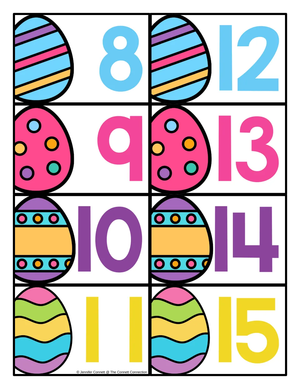 Easter number cards 8–15: eight cards from the 21-card set for finding and tracing numbers on the mats.
