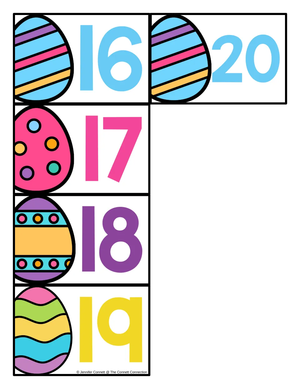 Easter number cards 16–20: final five cards of the set for finding and tracing numbers on the mats.