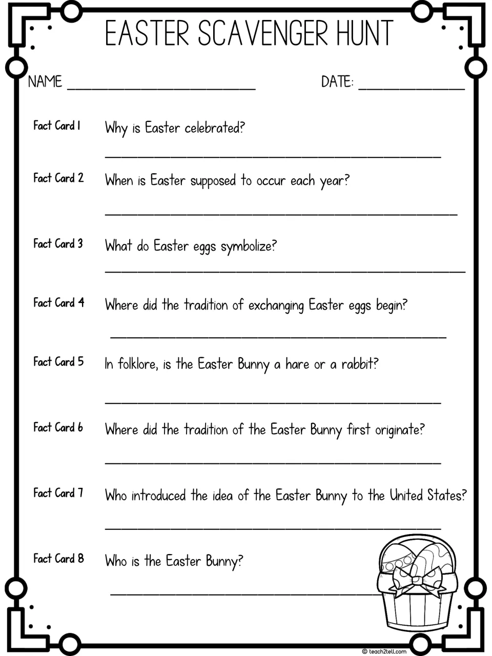 Easter scavenger hunt recording sheet: students answer fact cards 1-8 on why Easter is celebrated and Easter Bunny origins