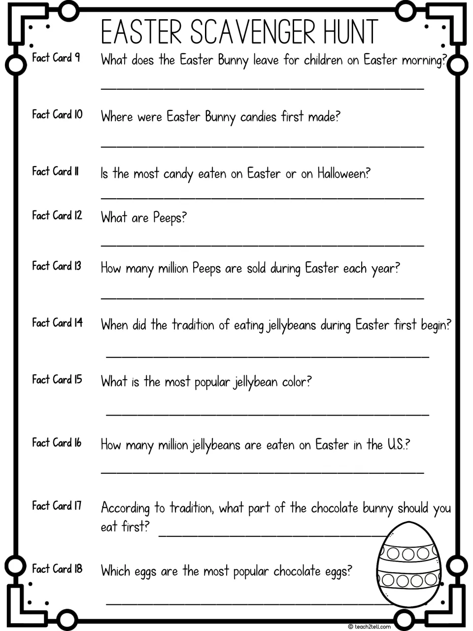 Easter candy facts: students record answers for fact cards 9-18 about Peeps, jellybeans and chocolate bunnies and eggs