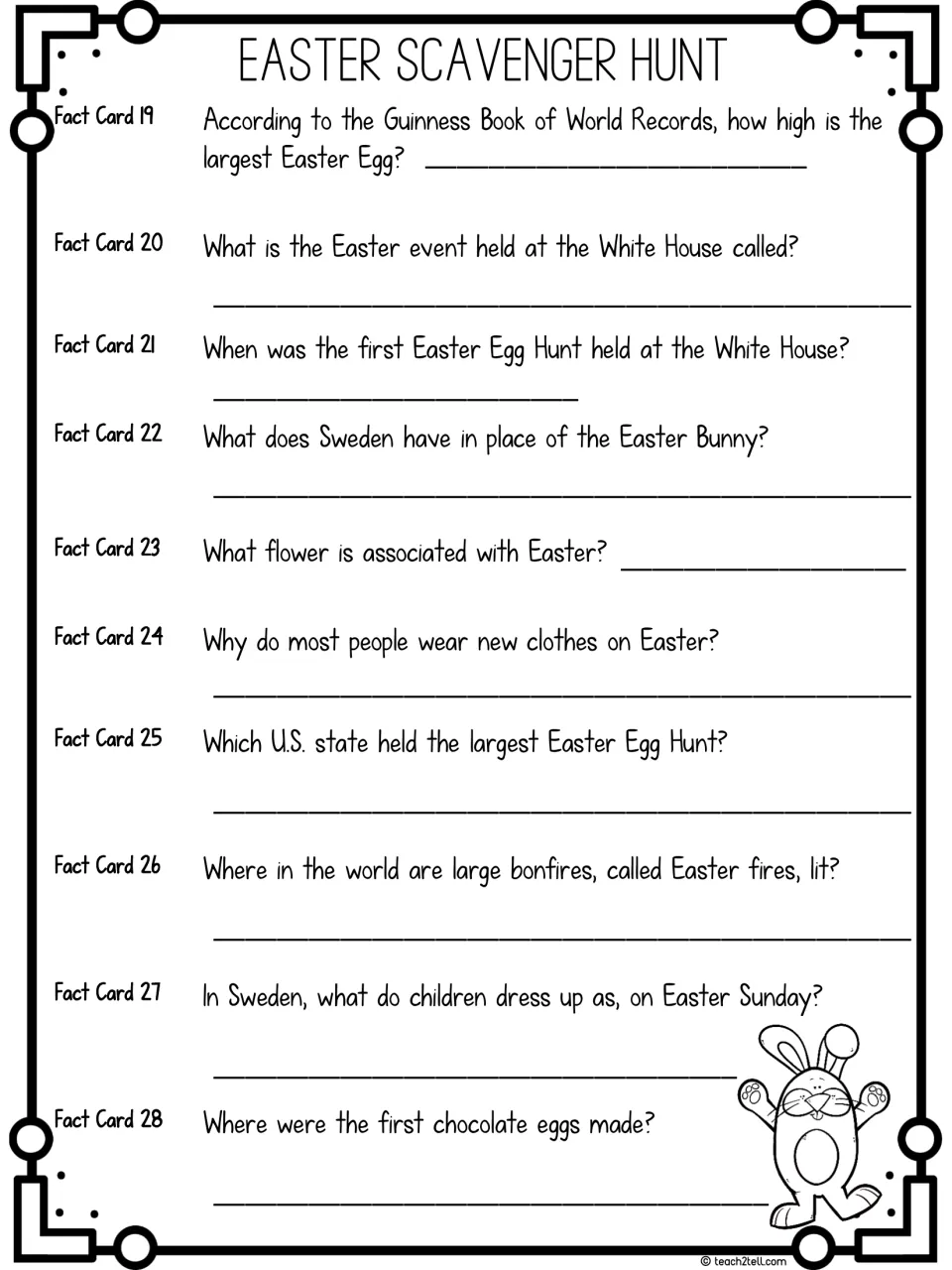 Easter traditions worldwide: students answer fact cards 19-28 on the White House egg hunt, Sweden, Easter fires and flowers