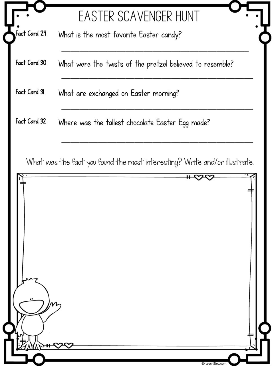 Final Easter facts: students answer fact cards 29-32, then write and/or illustrate the fact they found most interesting