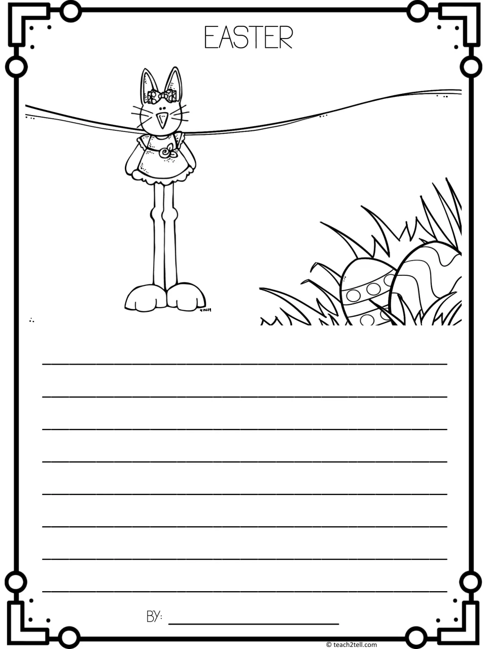 Easter writing template: students write interesting Easter facts below a bunny in a dress beside eggs in grass