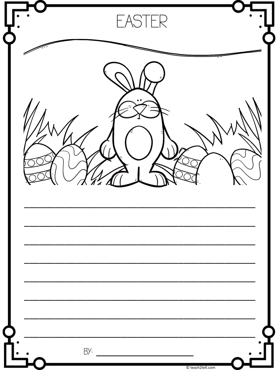 Easter fact-writing template: students write facts they learned under a smiling bunny surrounded by decorated eggs
