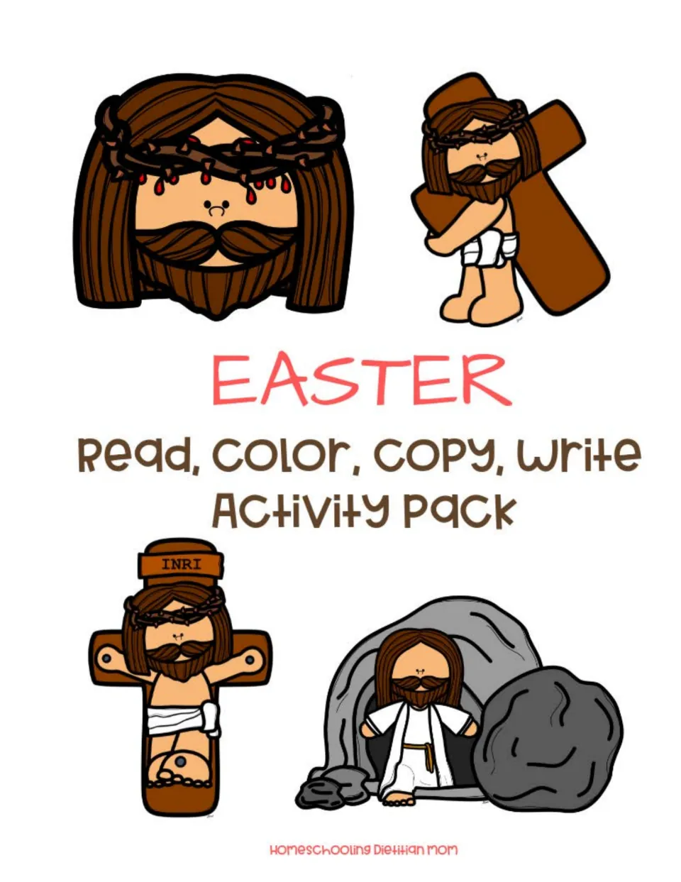 Easter activity pack cover introduces reading, coloring, copying, and writing with four scenes of Jesus.