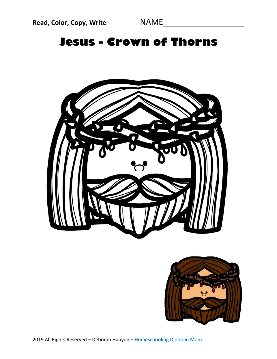 First Easter coloring page: Jesus wearing a crown of thorns, with a small colored example to reference.