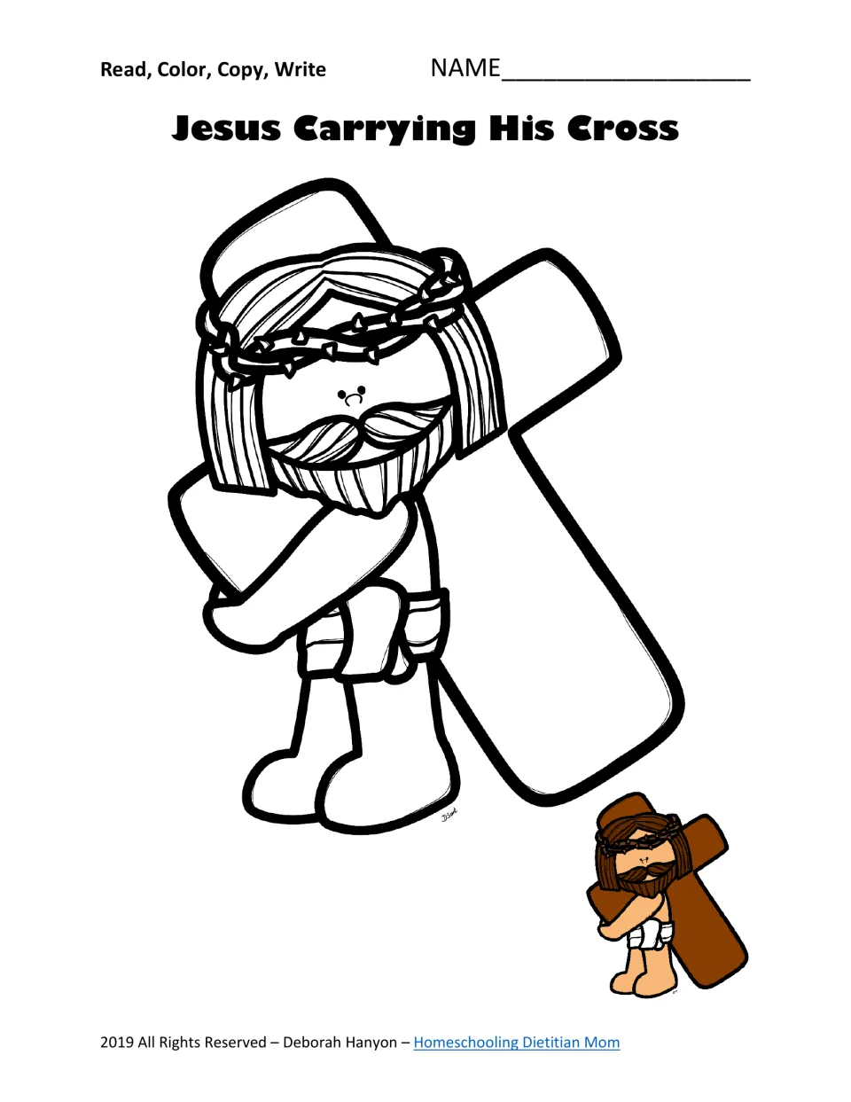 Second Easter coloring page: Jesus carrying his cross and wearing a crown of thorns, with a colored example.