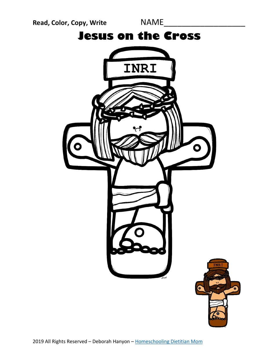 Third Easter coloring page: Jesus on the cross beneath an INRI sign, with a small colored example.