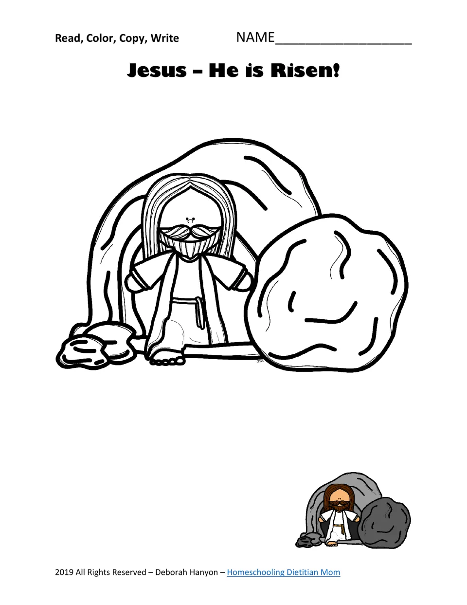 Fourth Easter coloring page: risen Jesus standing at the open tomb, titled “Jesus - He is Risen!”