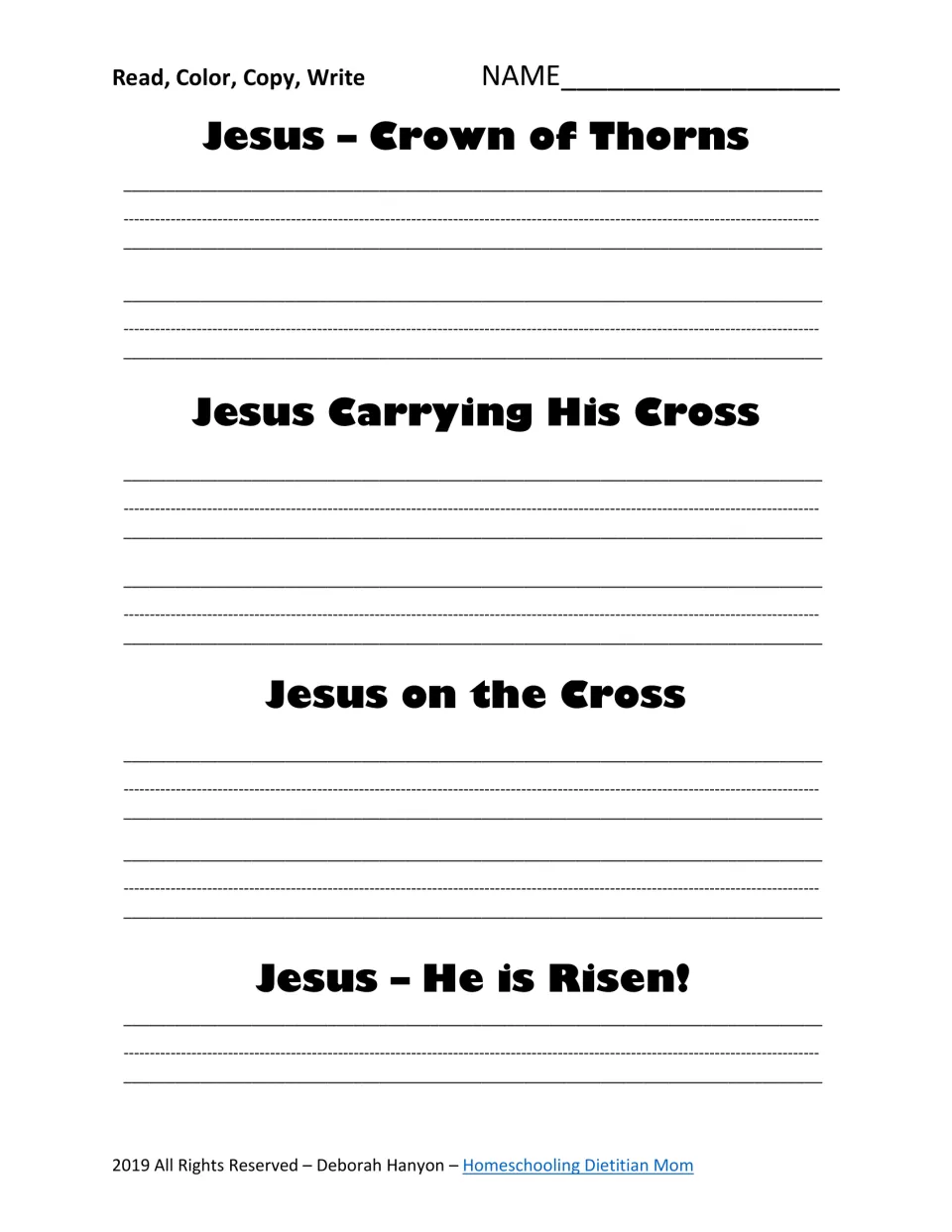 Easter copywork page repeats four headings: Crown of Thorns, Carrying His Cross, on the Cross, and He is Risen!