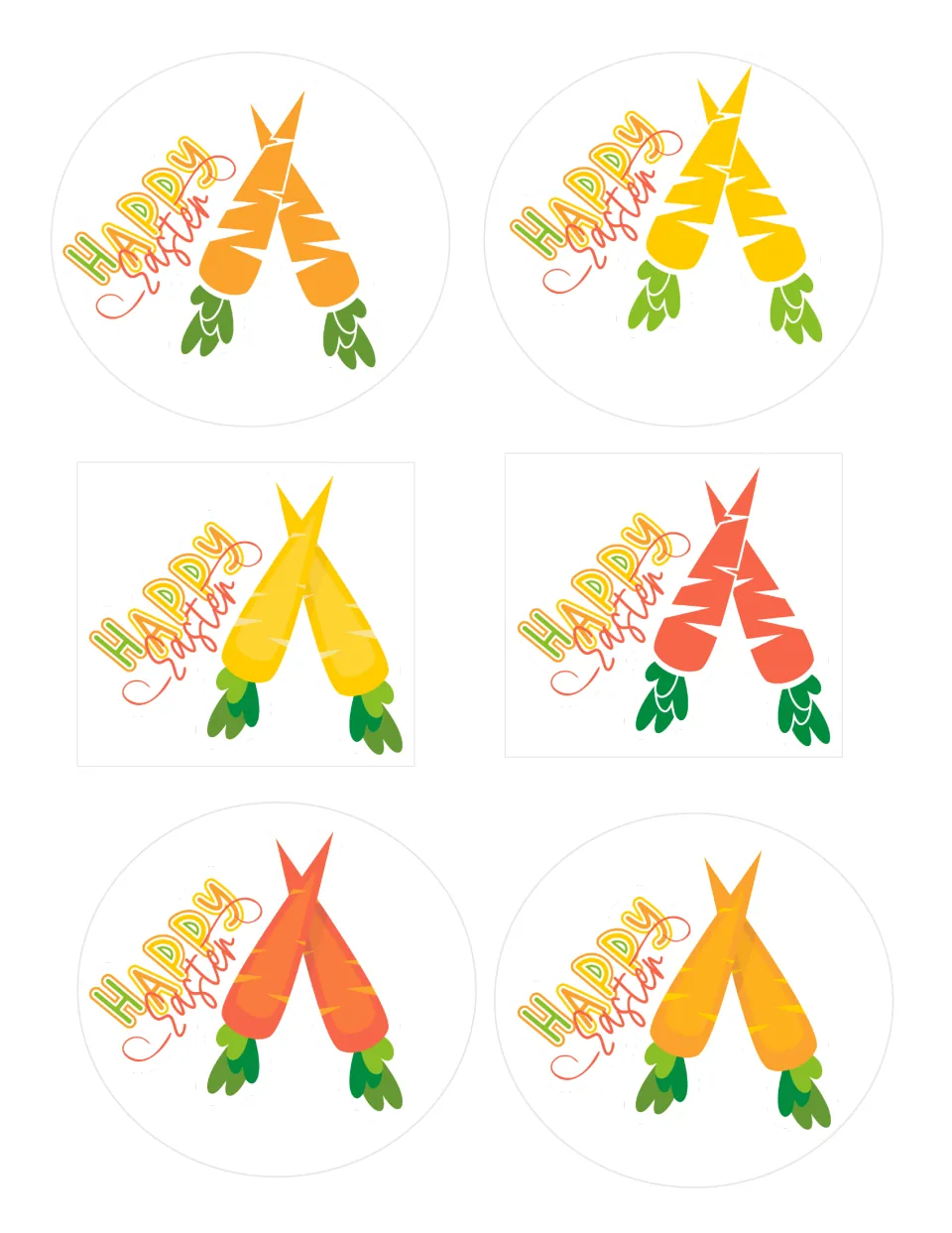 First sticker sheet: six “Happy Easter” designs featuring pairs of carrots in orange, yellow, and coral
