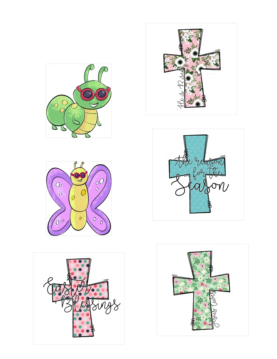 Second sticker sheet: a caterpillar, a butterfly, and four crosses with Christian Easter messages