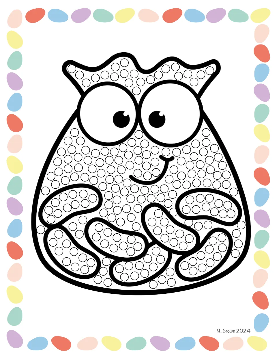 Easter Q-tip art activity sheet featuring a smiling bag of jelly beans filled with small circles to color