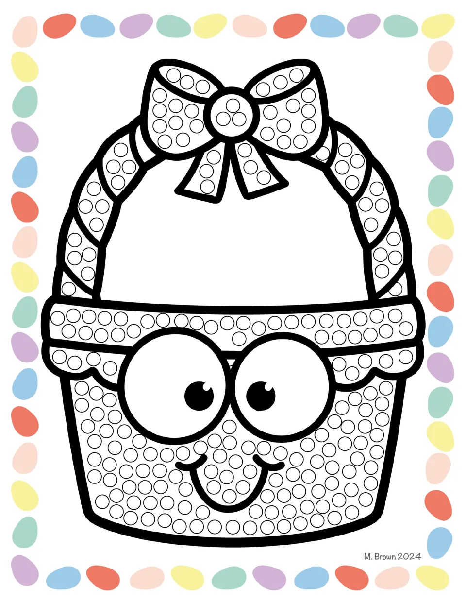 Easter Q-tip art activity sheet featuring an empty smiling basket with a bow and small circles to color