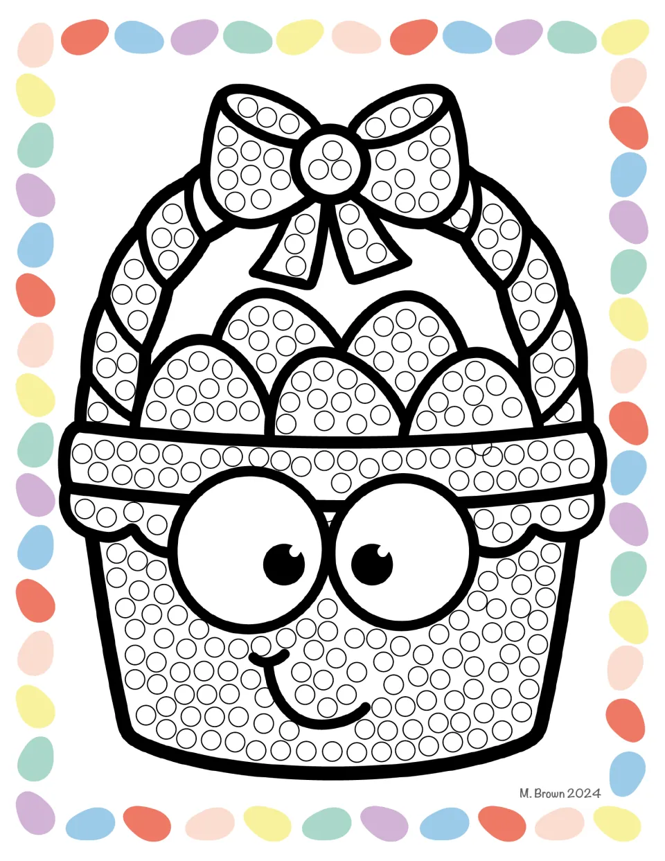 Easter Q-tip art activity sheet featuring a smiling basket holding five eggs, with small circles to color