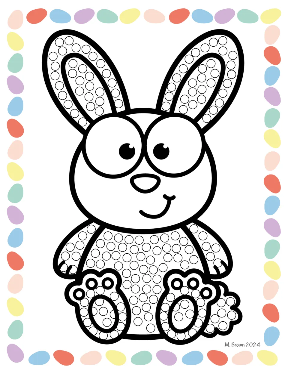 Easter Q-tip art activity sheet featuring a seated bunny with small circles on its ears, body, and feet