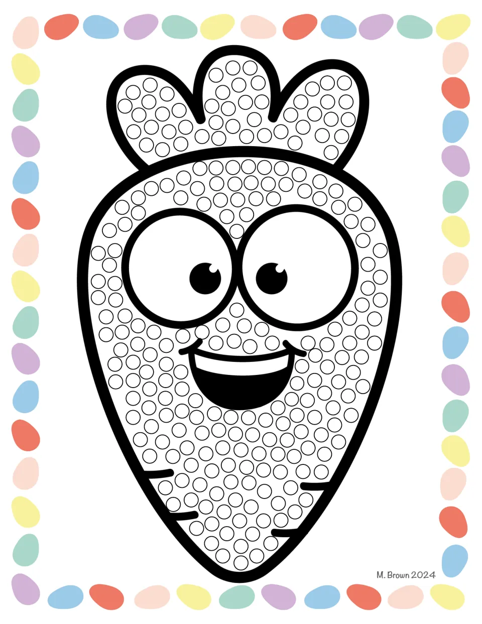 Easter Q-tip art activity sheet featuring a smiling carrot with small circles across its top and body