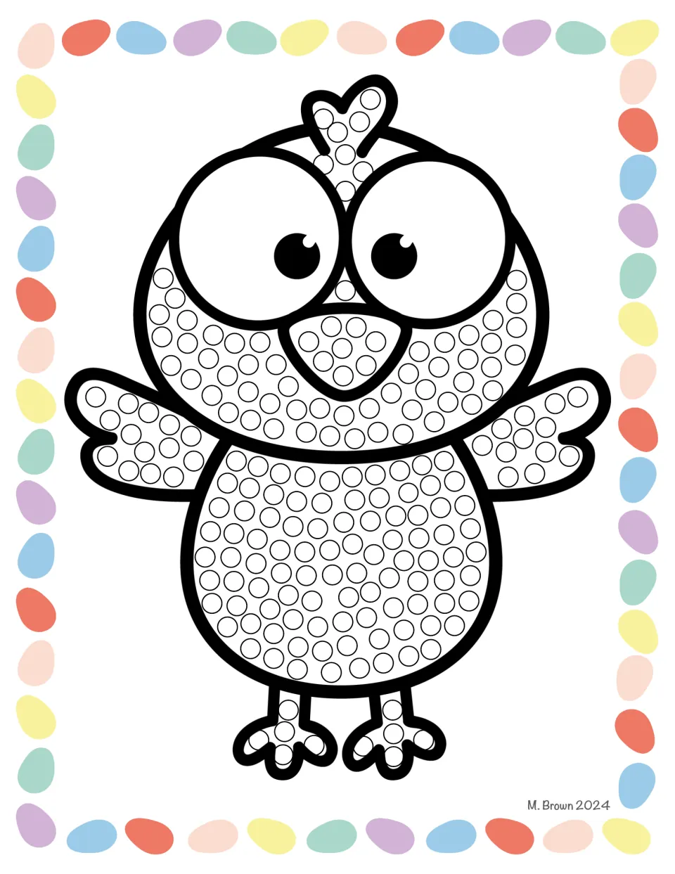 Easter Q-tip art activity sheet featuring a chick with outstretched wings and small circles to color