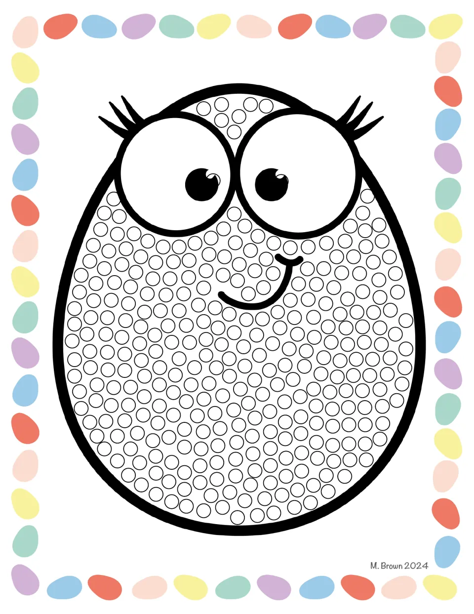 Easter Q-tip art activity sheet featuring a plain smiling egg with eyelashes and small circles to color