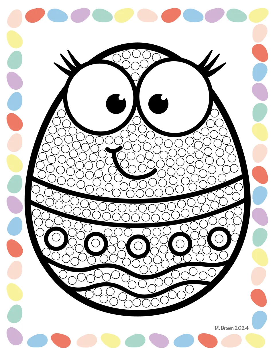 Easter Q-tip art activity sheet featuring a smiling egg with bands, five rings, and small circles to color