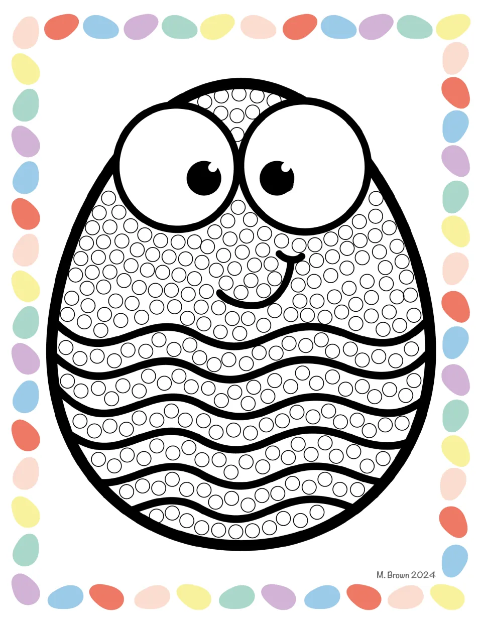 Easter Q-tip art activity sheet featuring a smiling egg with wavy stripes and small circles to color