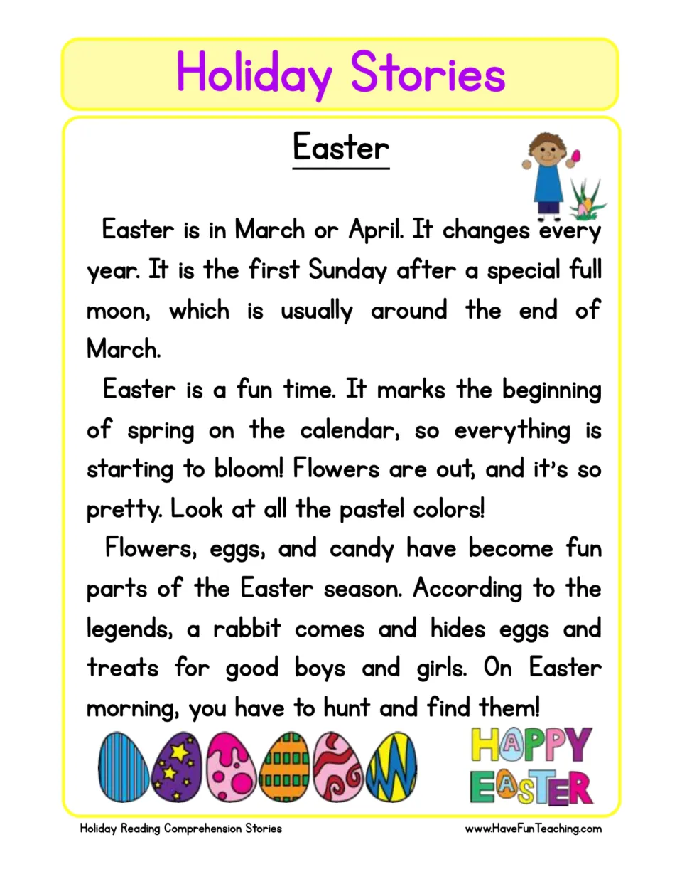 Easter reading passage about the holiday's timing, spring flowers, and the tradition of hunting for eggs.