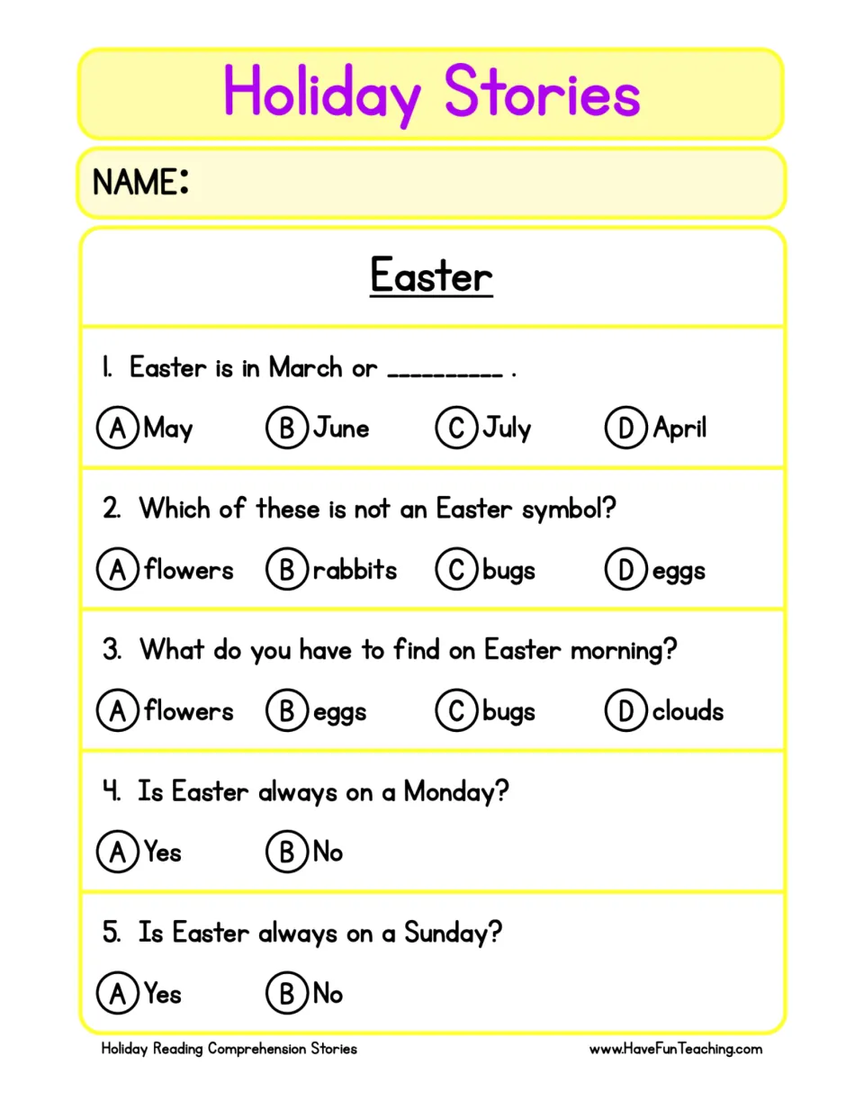 Five comprehension questions about Easter's month, symbols, egg hunts, and whether it falls on Sunday.