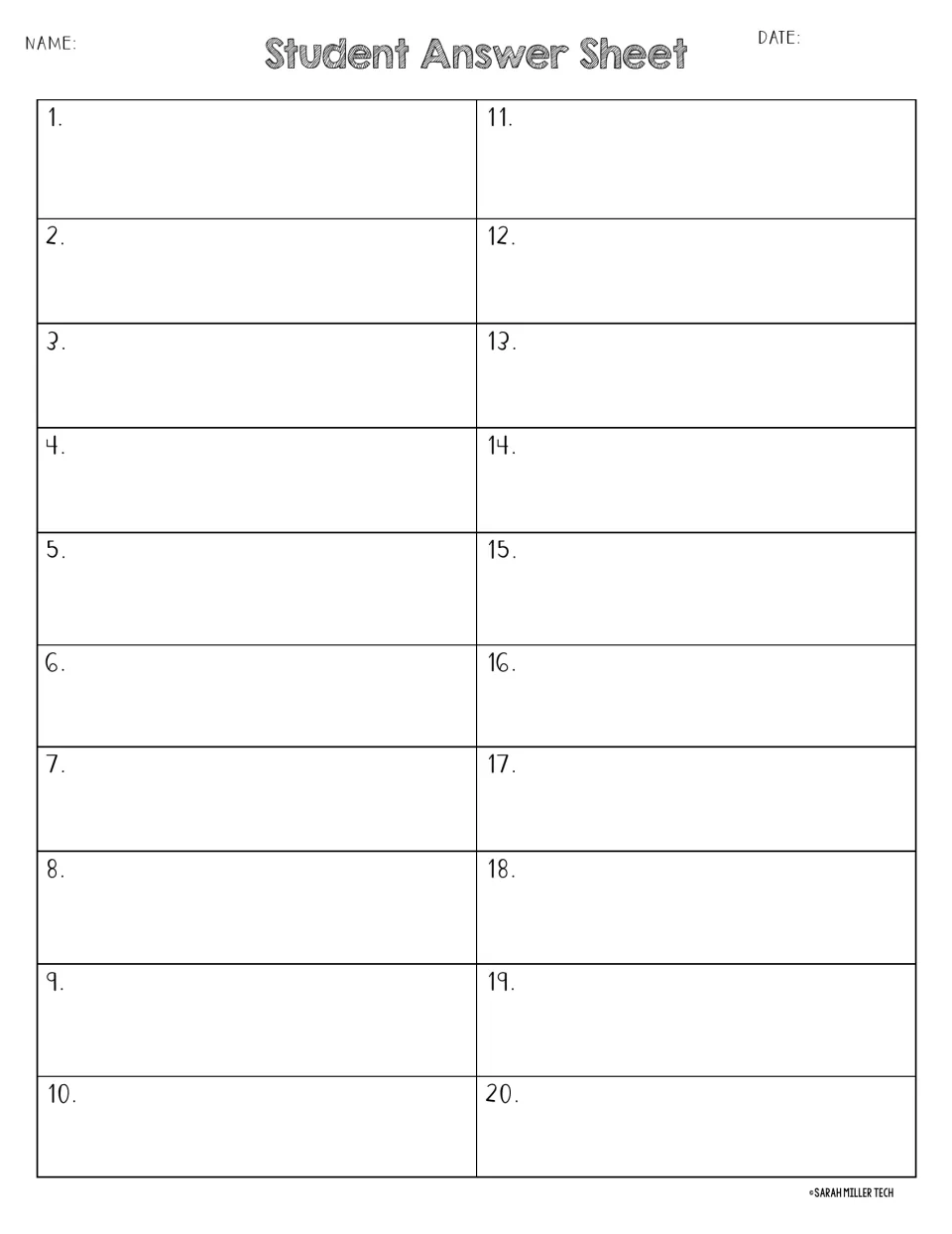 Student answer sheet for egg-hunt questions 1–20, with numbered response spaces and name and date prompts