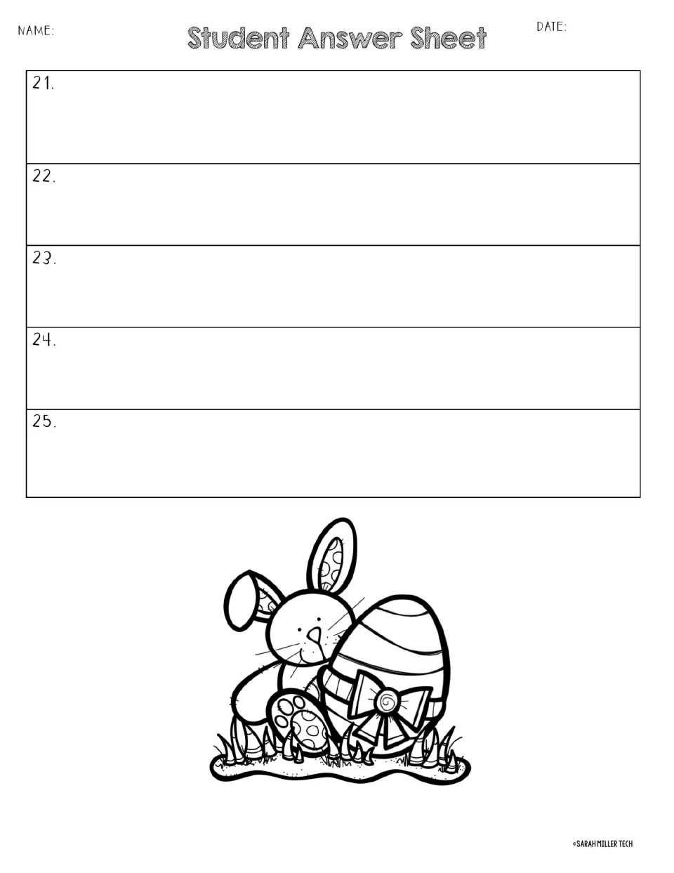 Student answer sheet for egg-hunt questions 21–25, completing the recording pages for the 25-question review