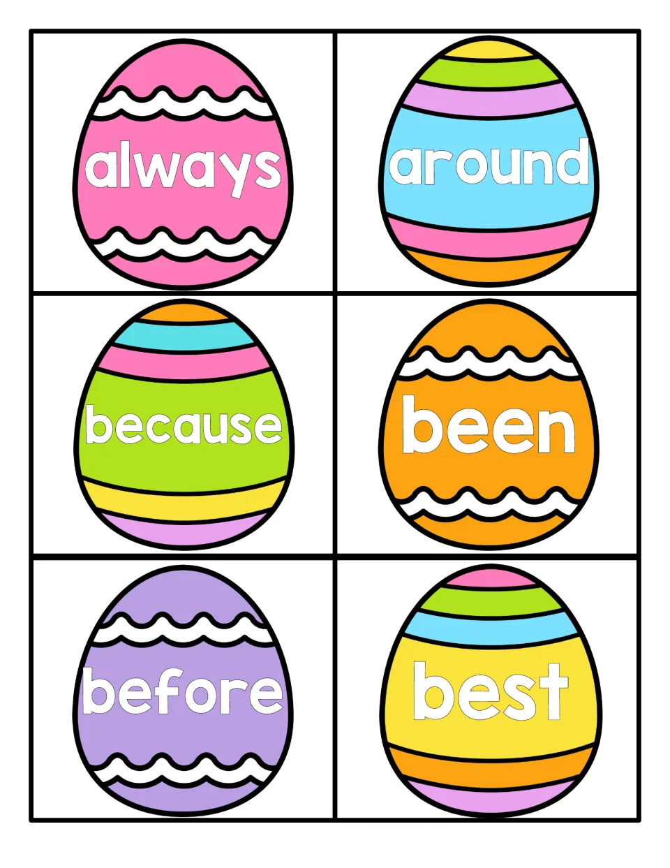 Easter sight word cards 1–6 feature the words always, around, because, been, before, and best for reading practice.