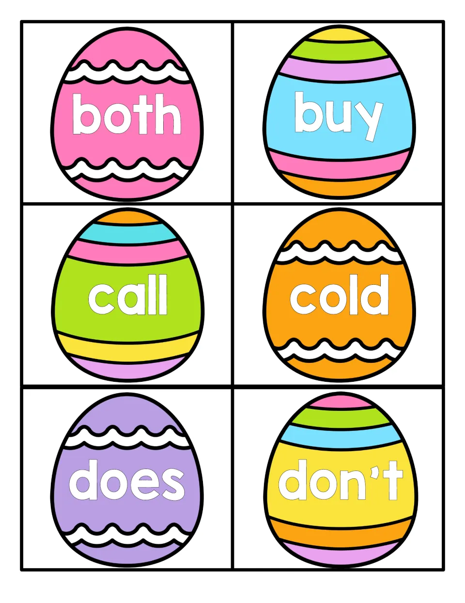 Easter sight word cards 7–12 feature the words both, buy, call, cold, does, and don't for reading practice.