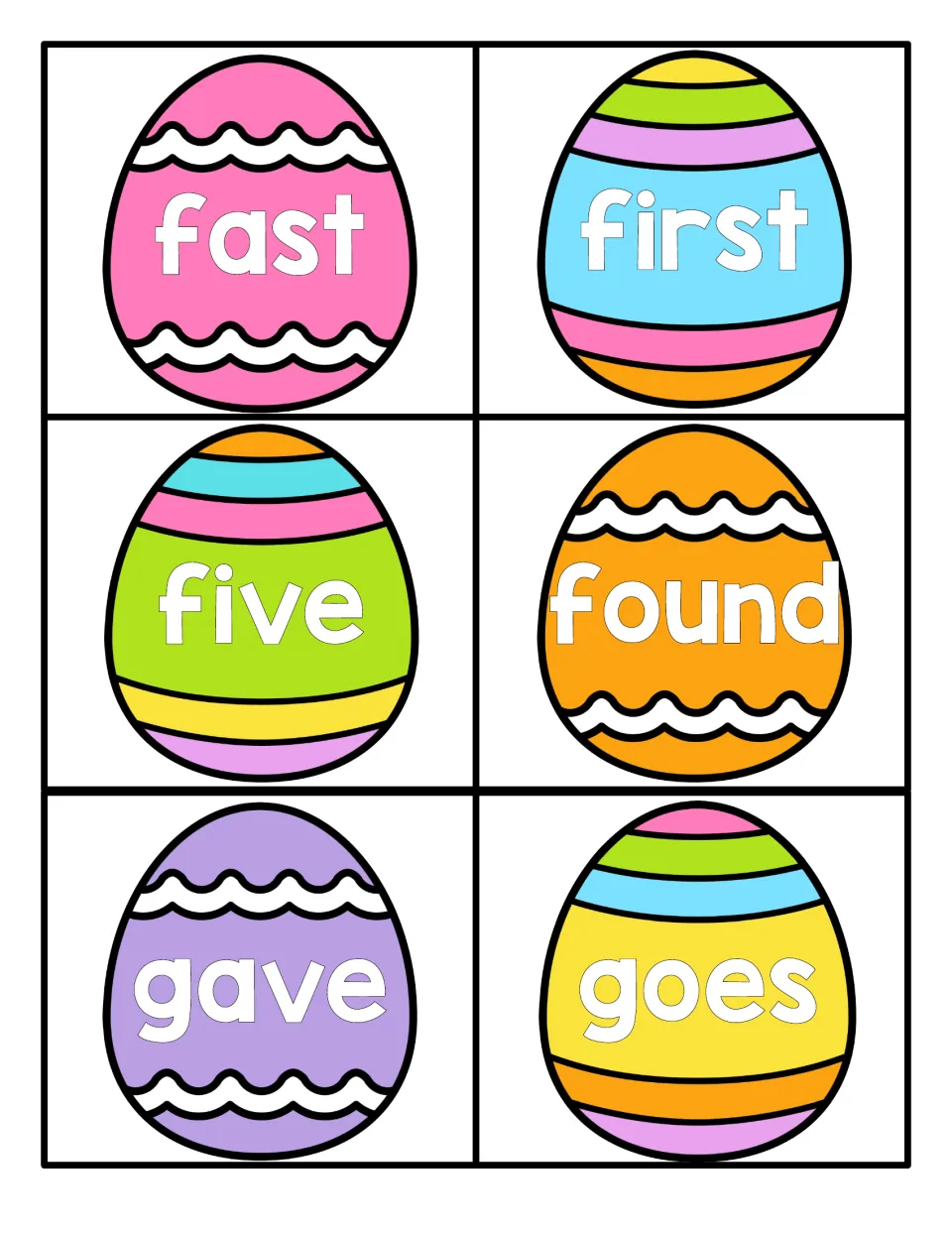 Easter sight word cards 13–18 feature the words fast, first, five, found, gave, and goes for reading practice.