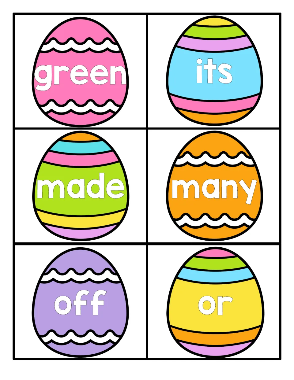 Easter sight word cards 19–24 feature the words green, its, made, many, off, and or for reading practice.