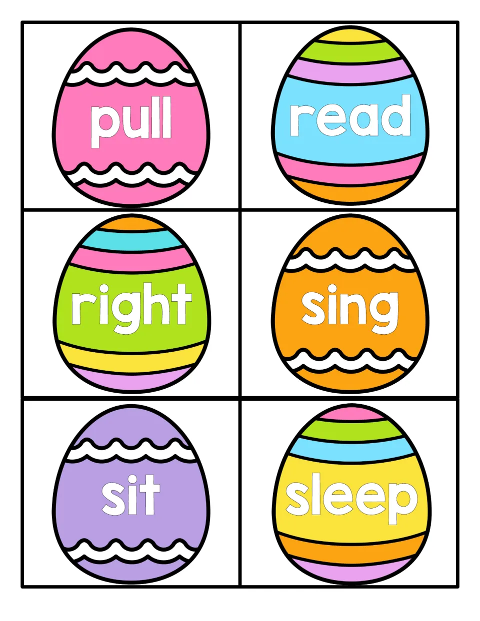 Easter sight word cards 25–30 feature the words pull, read, right, sing, sit, and sleep for reading practice.