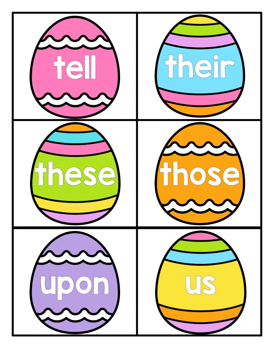Easter sight word cards 31–36 feature the words tell, their, these, those, upon, and us for reading practice.