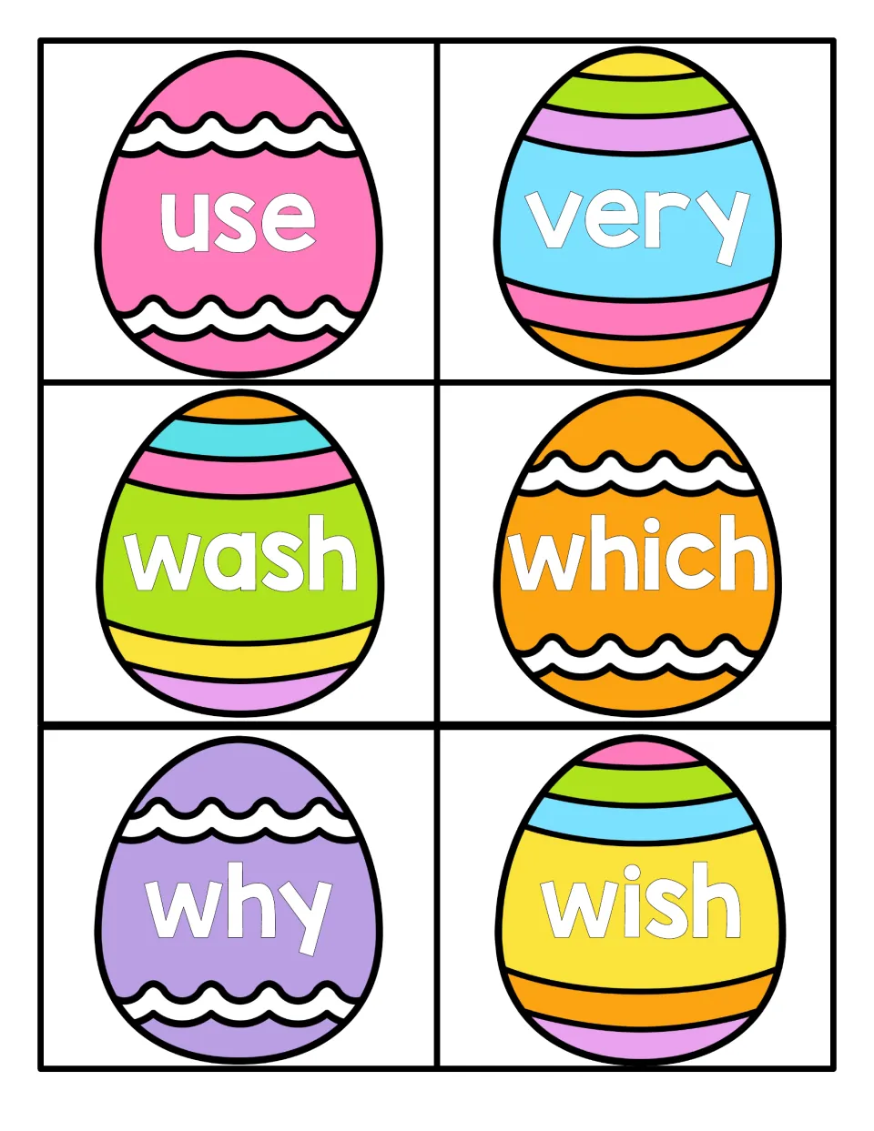 Easter sight word cards 37–42 feature the words use, very, wash, which, why, and wish for reading practice.