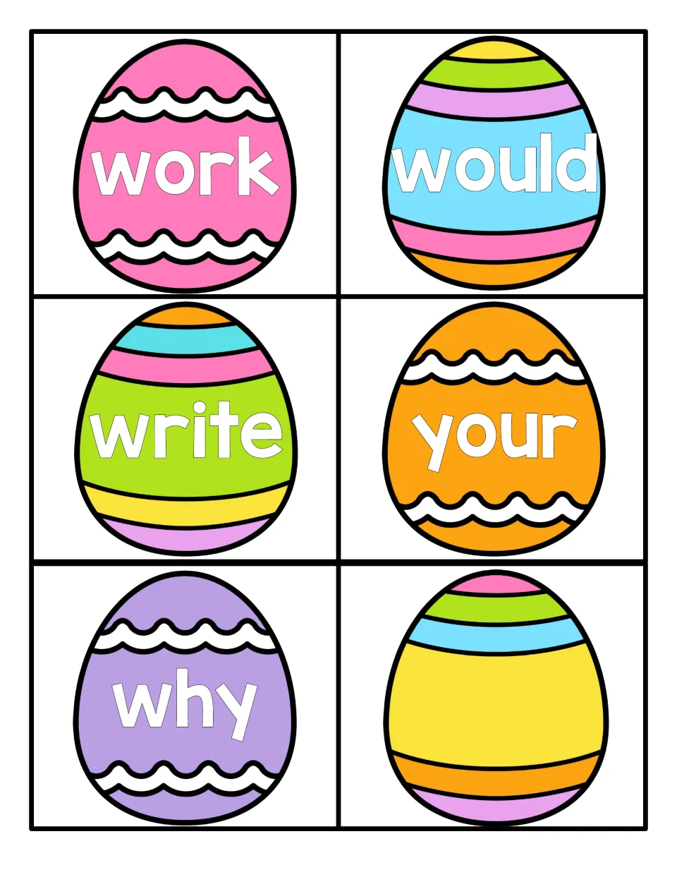 Easter sight word cards 43–48 include work, would, write, your, a repeated why, and a blank for an added word.