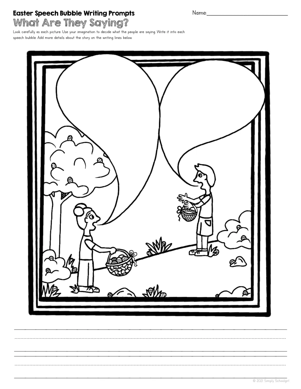 Easter egg hunt writing prompt showing two children carrying baskets, each with an empty speech bubble