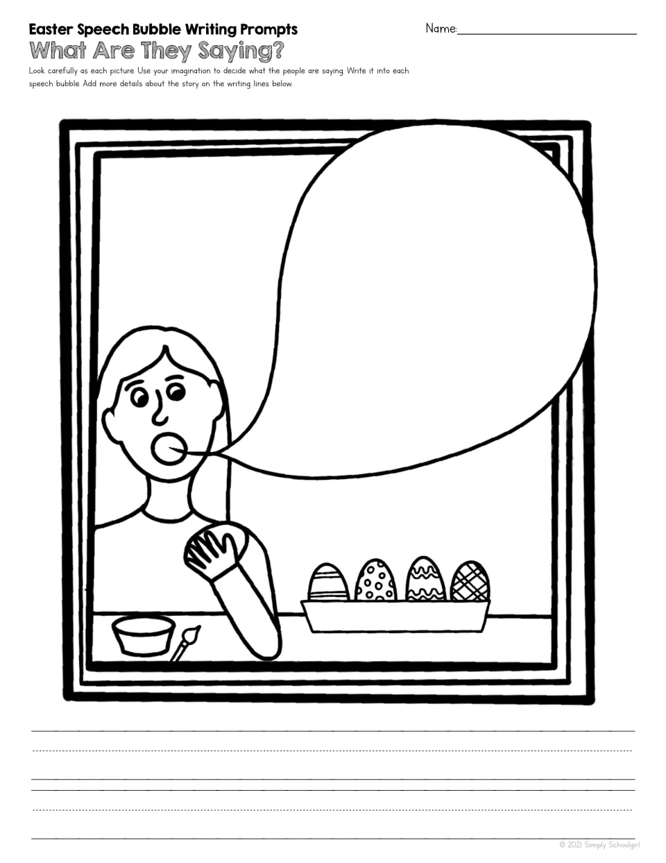 Egg decorating writing prompt showing a child beside four patterned eggs, with an empty speech bubble