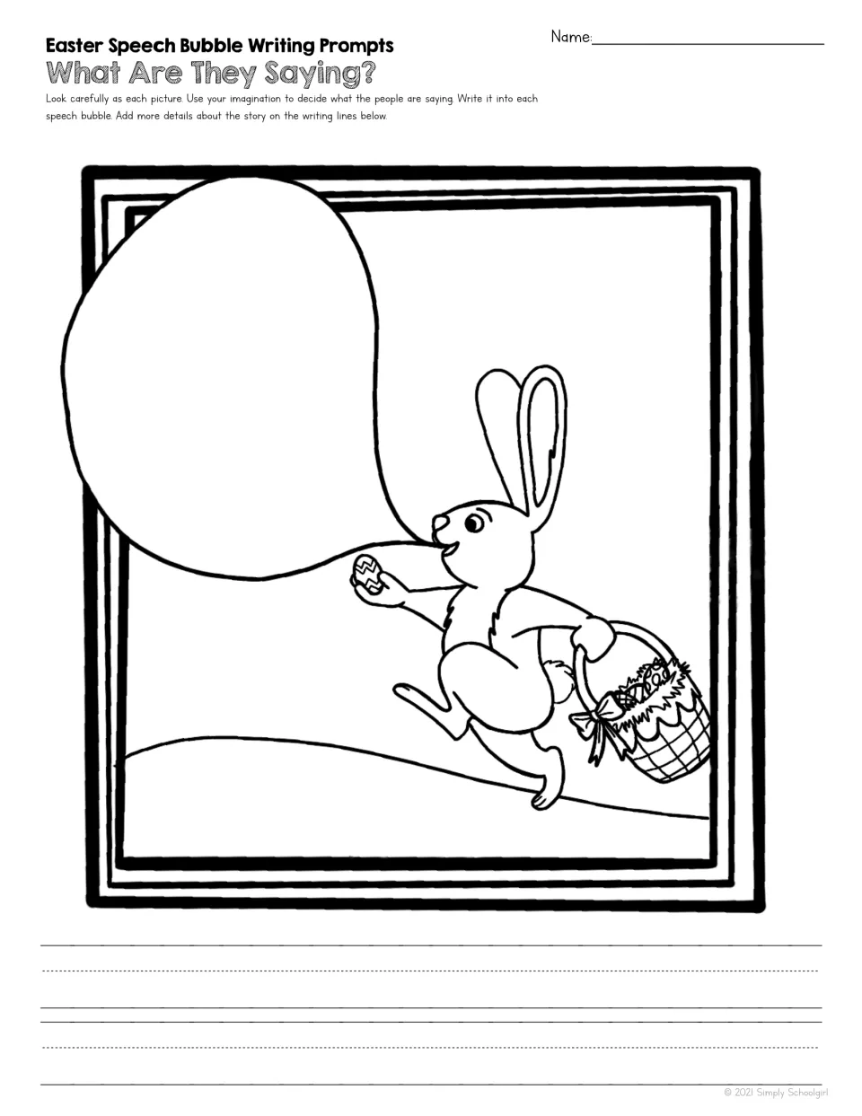 Easter Bunny writing prompt showing a hopping rabbit carrying an egg and basket, with a speech bubble
