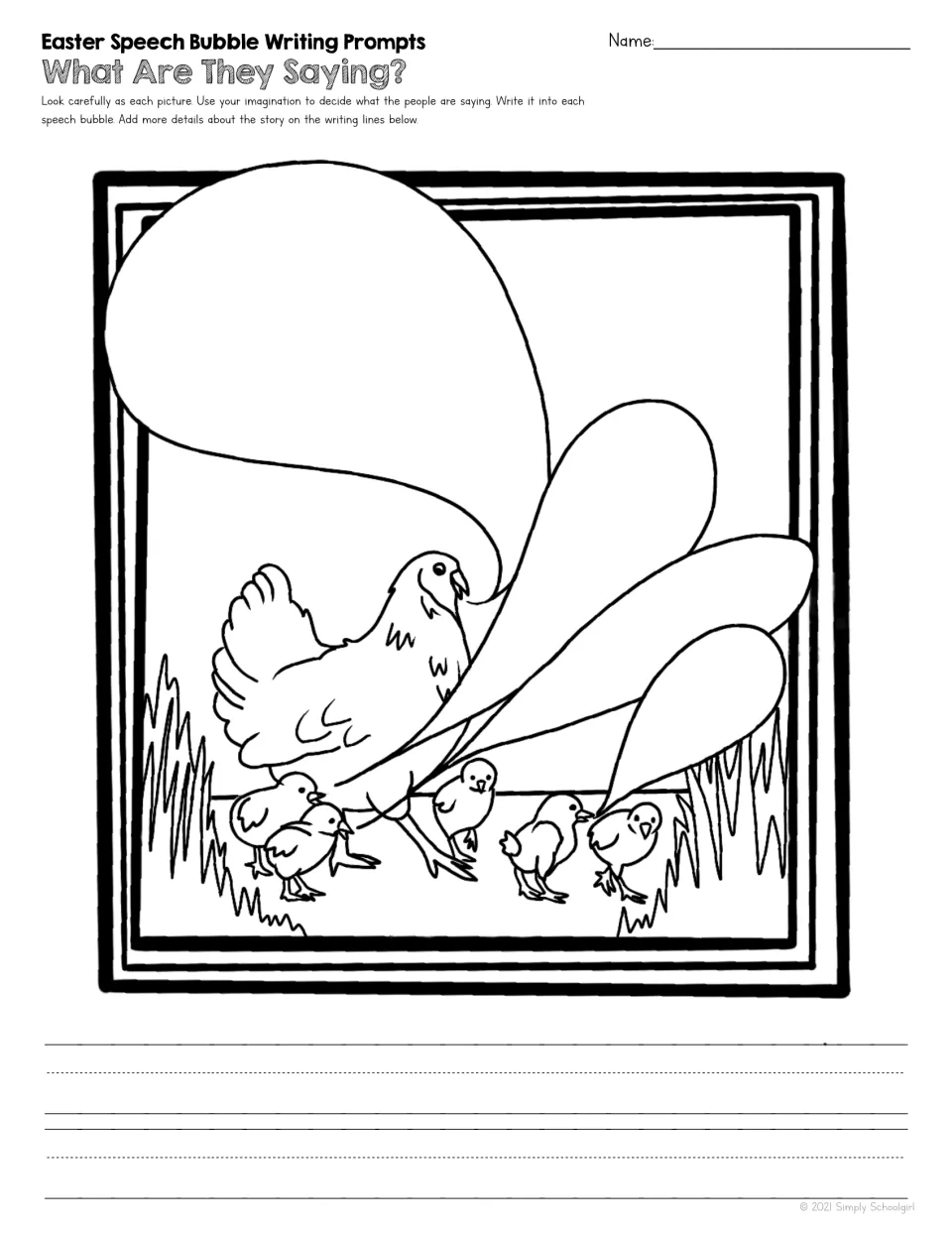 Hen and chicks writing prompt showing a mother hen with five chicks and empty speech bubbles for dialogue