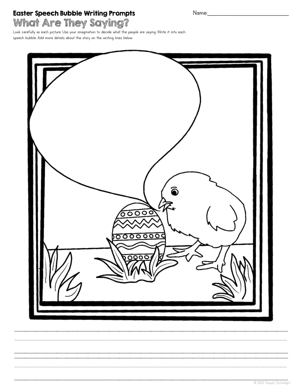Chick writing prompt showing a chick beside a large decorated Easter egg, with an empty speech bubble