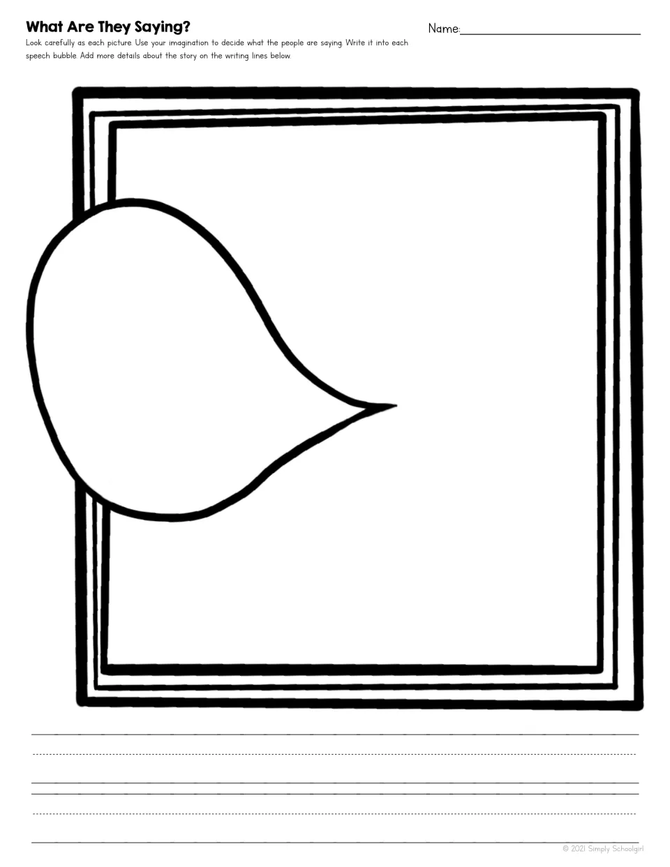Blank drawing and writing template with one speech bubble for students to create a character's dialogue