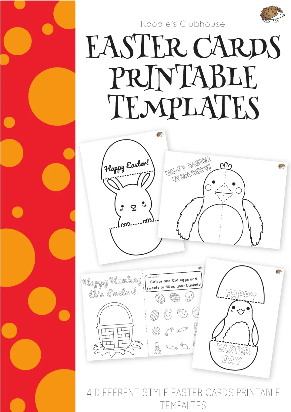 Easter Cards Printable Templates cover showing 4 card styles: bunny in egg, chick, penguin in egg and Easter basket