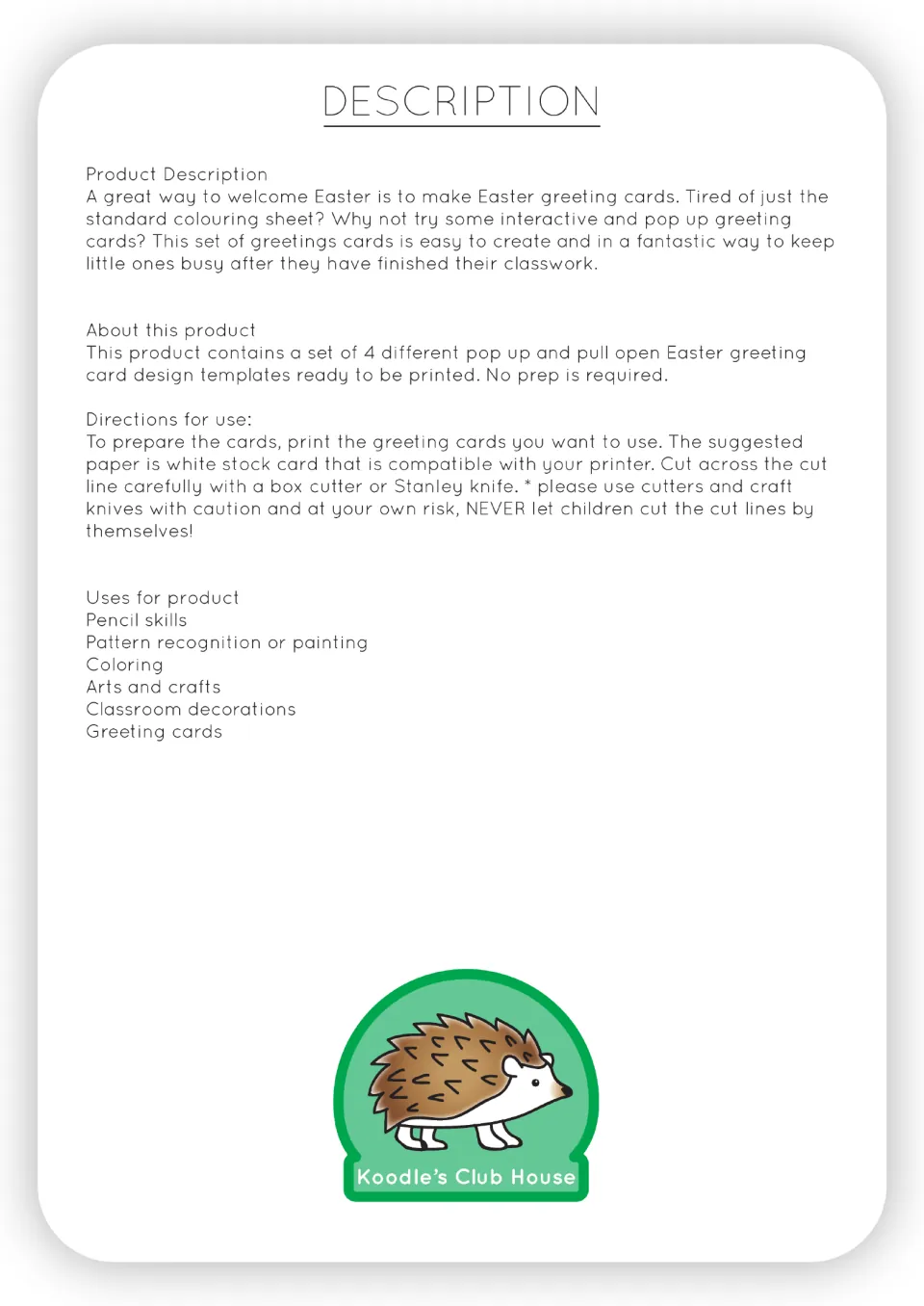 Product description for pop-up and pull-open Easter greeting cards, with print and cutting directions and a list of uses