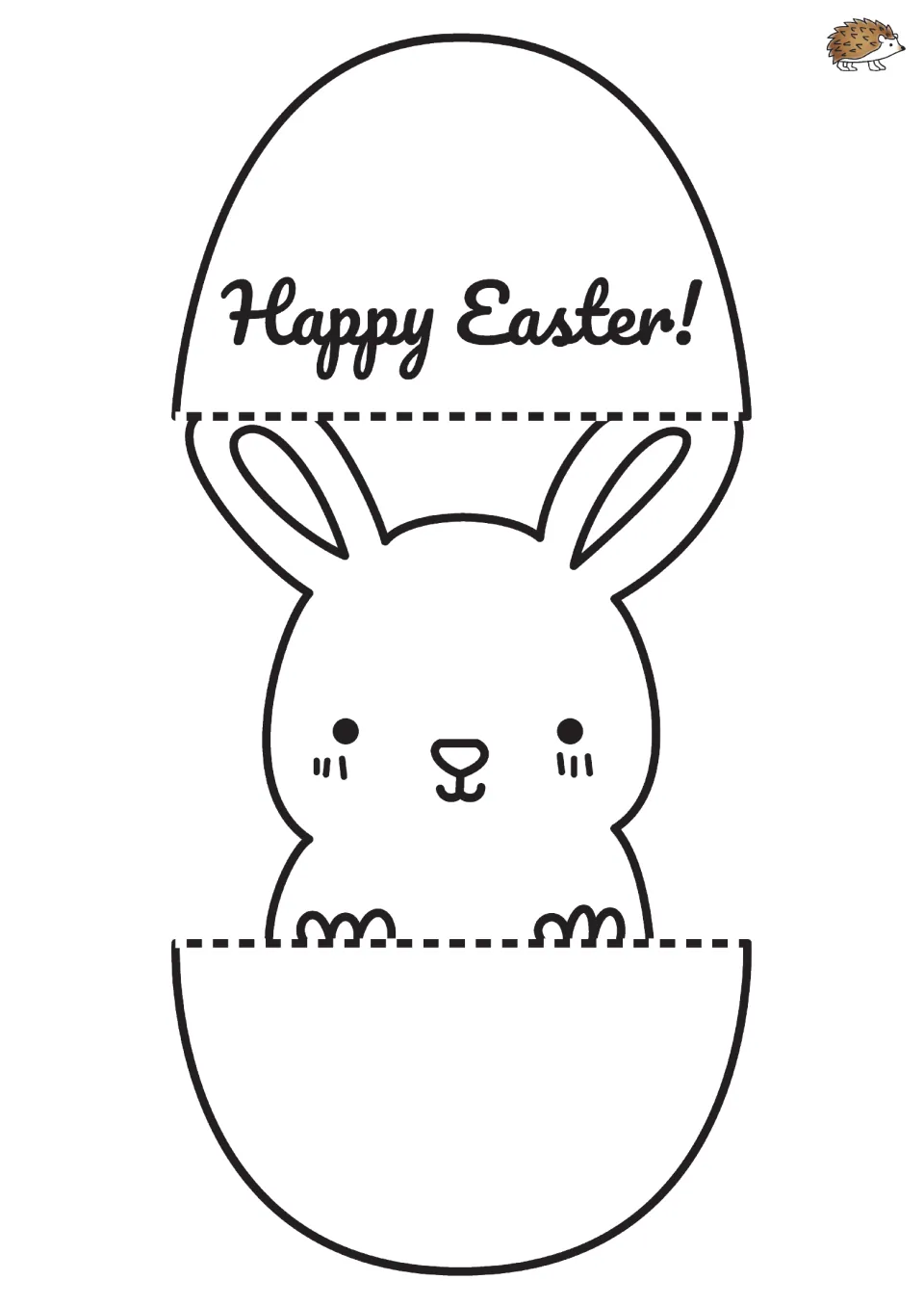 Pull-open bunny card: a bunny sits inside an egg labelled 'Happy Easter!' with dashed cut lines so it pops out to color