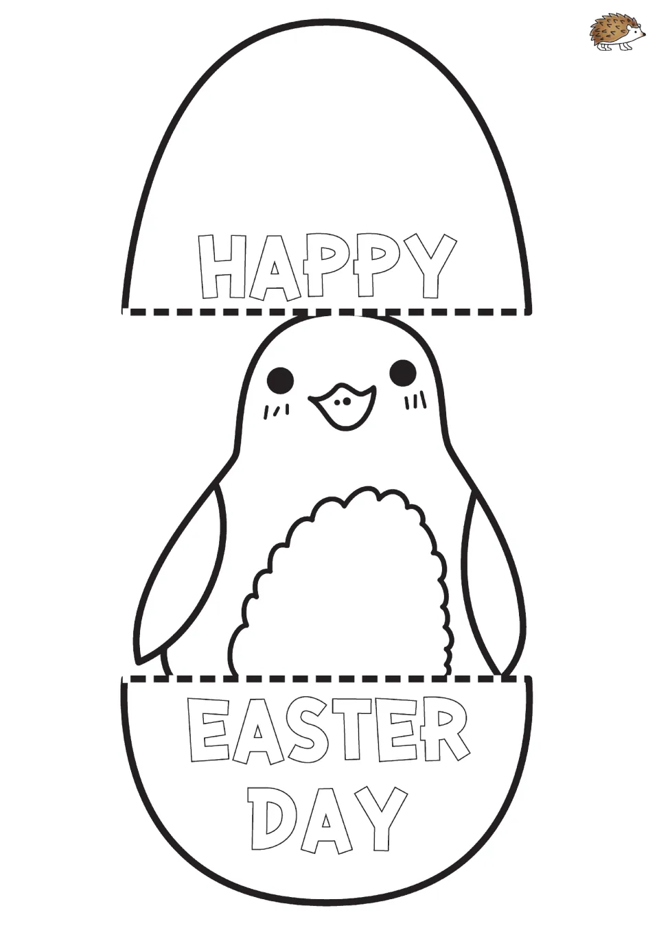 Pull-open penguin card: a penguin in an egg with outline letters 'Happy' above and 'Easter Day' below, dashed cut lines