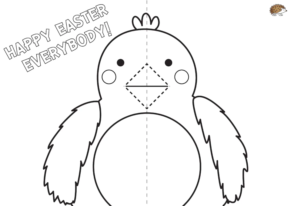 Pop-up chick card: 'Happy Easter Everybody!' bubble letters and a chick with a dashed beak that pops out when folded