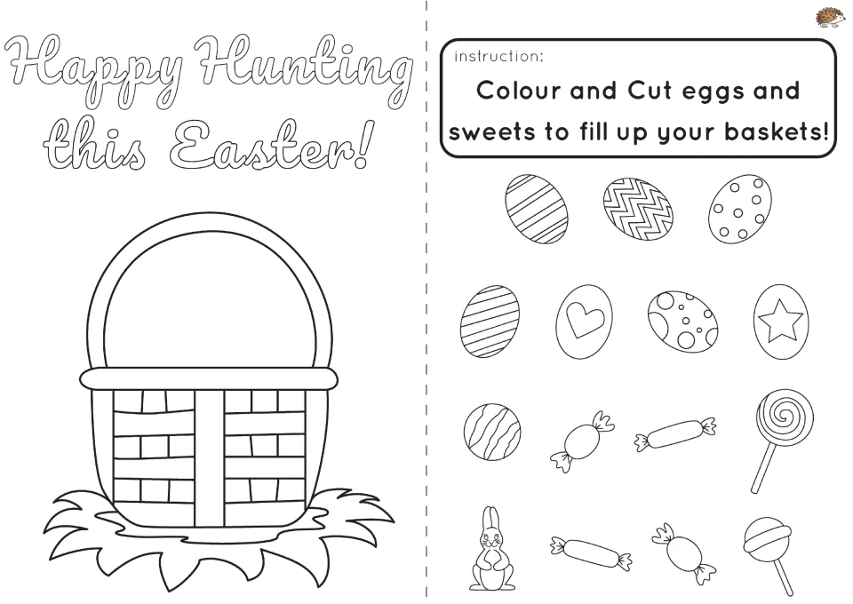 'Happy Hunting this Easter!' basket card: students color and cut out eggs, candies and a bunny to fill the basket