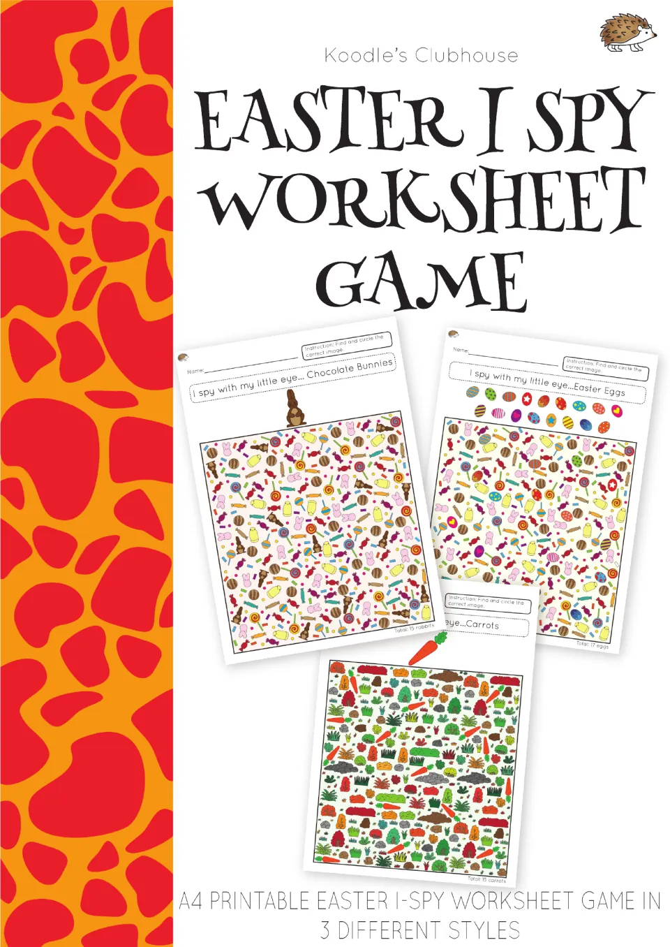 Easter I Spy Worksheet Game cover from Koodle's Clubhouse previewing egg, chocolate bunny and carrot search sheets